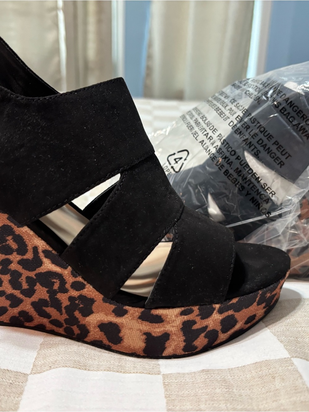 Black Suede Platform Wedge Sandals with Leopard Print Sole